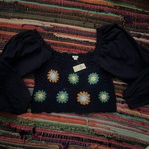 Navy Crochet Puff Sleeve Top